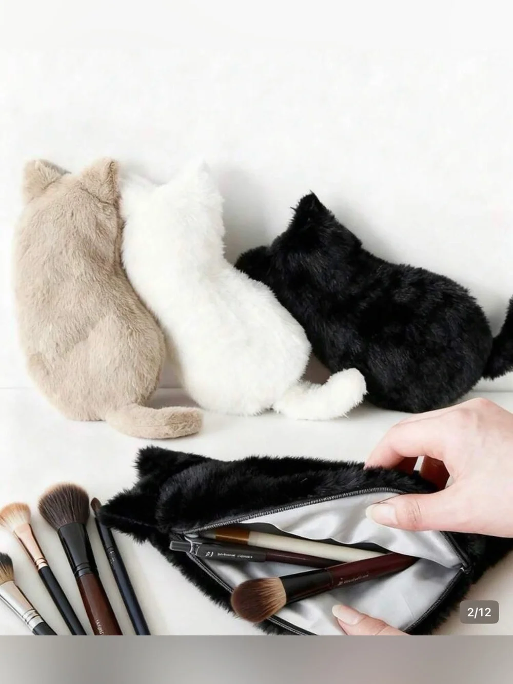 Cat Cosmetic Bag brushes fur kitten shaped makeup pouch travel luggage black Tan
